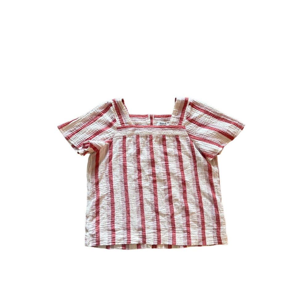 Madewell Cream and Red Striped Square-Neck Short Sleeve Top